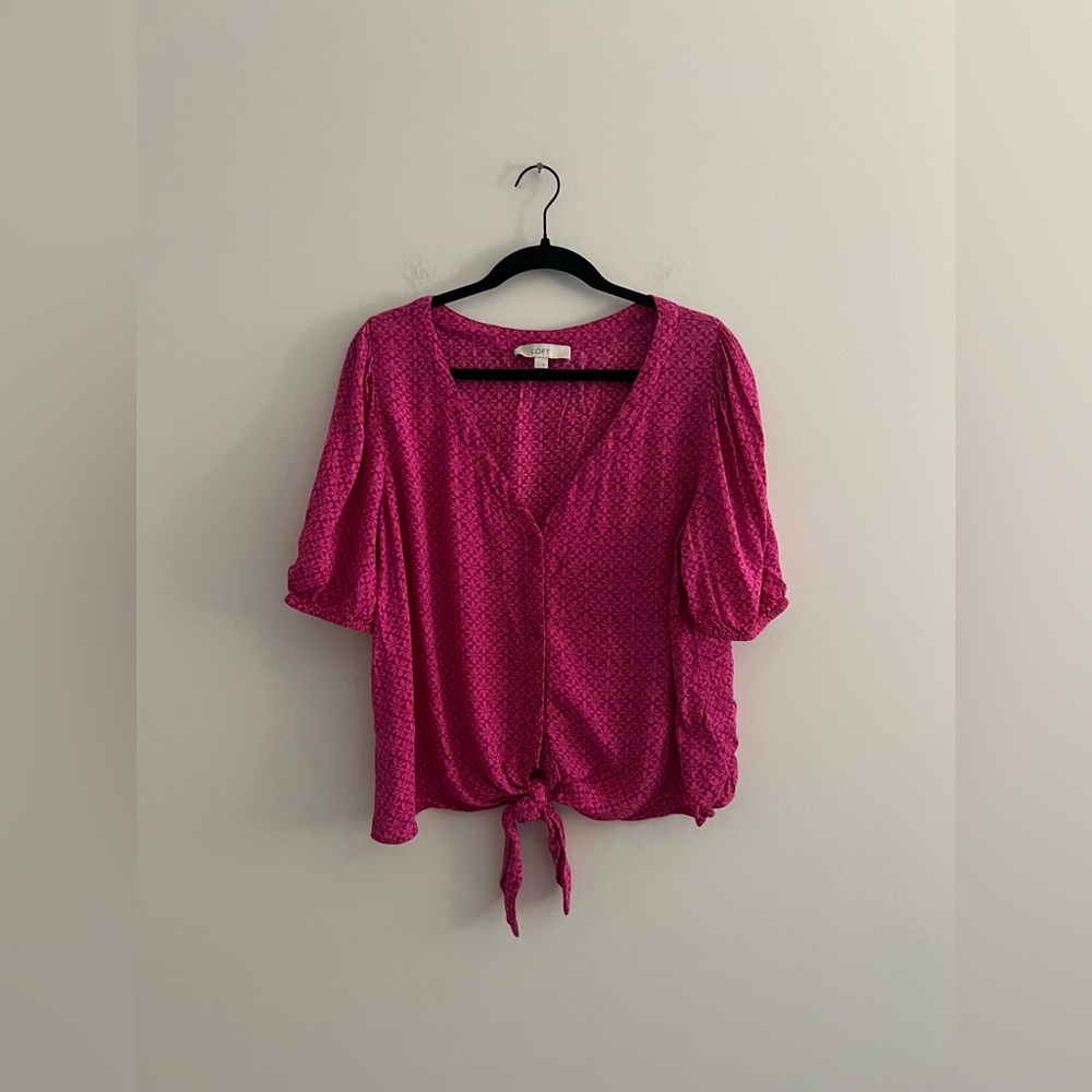 LOFT Stamped Puff Sleeve Tie Front Blouse Pink | Size L